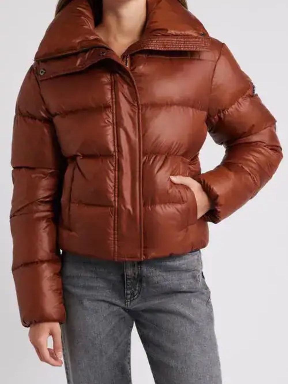 BCBGMAXAZRIA Cropped Puffer Jacket Brown Water Resistant Quilted M